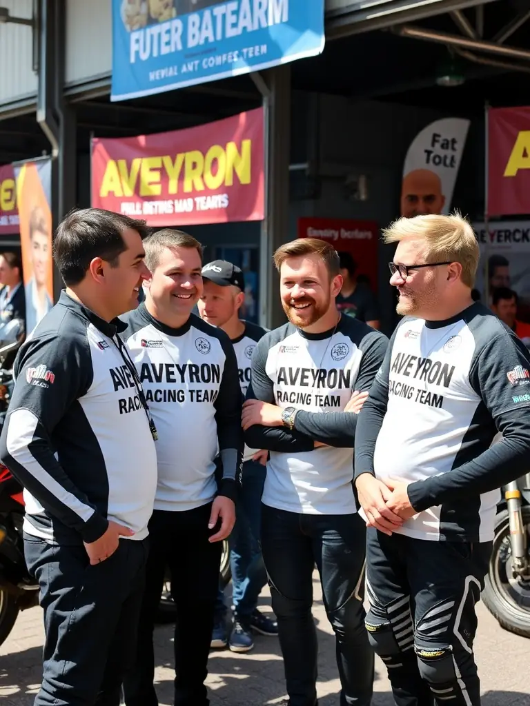 A photograph of AVEYRON RACING TEAM members gathered at an organized event, such as a workshop or social gathering, highlighting the community and learning aspects of the club.