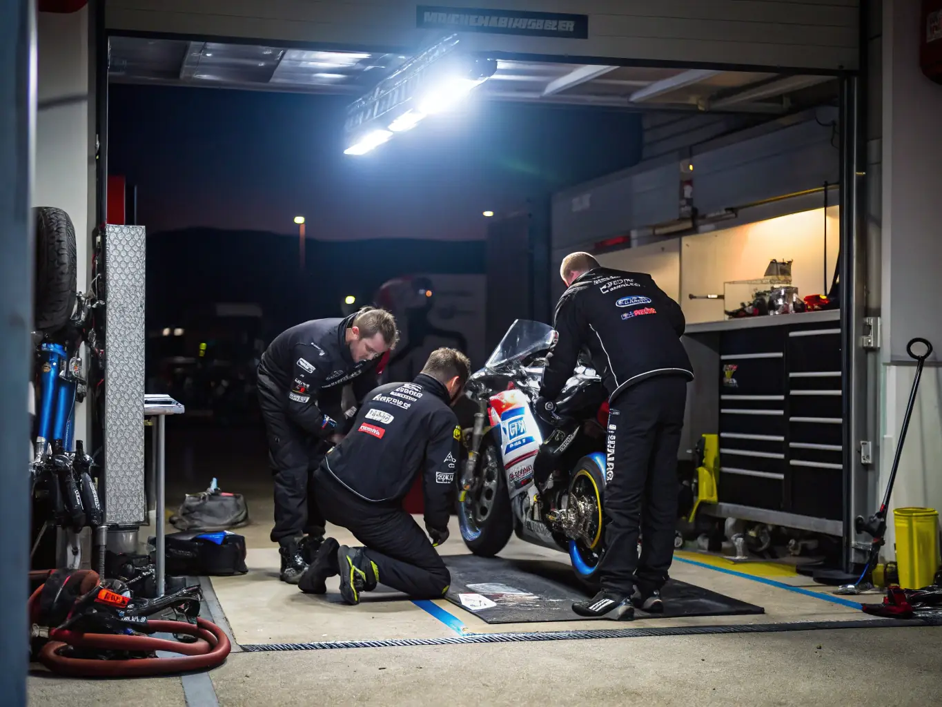 A group of AVEYRON RACING TEAM members gathered at a track event, preparing their motorcycles and gear. The image captures the camaraderie and excitement of participating in organized racing activities.