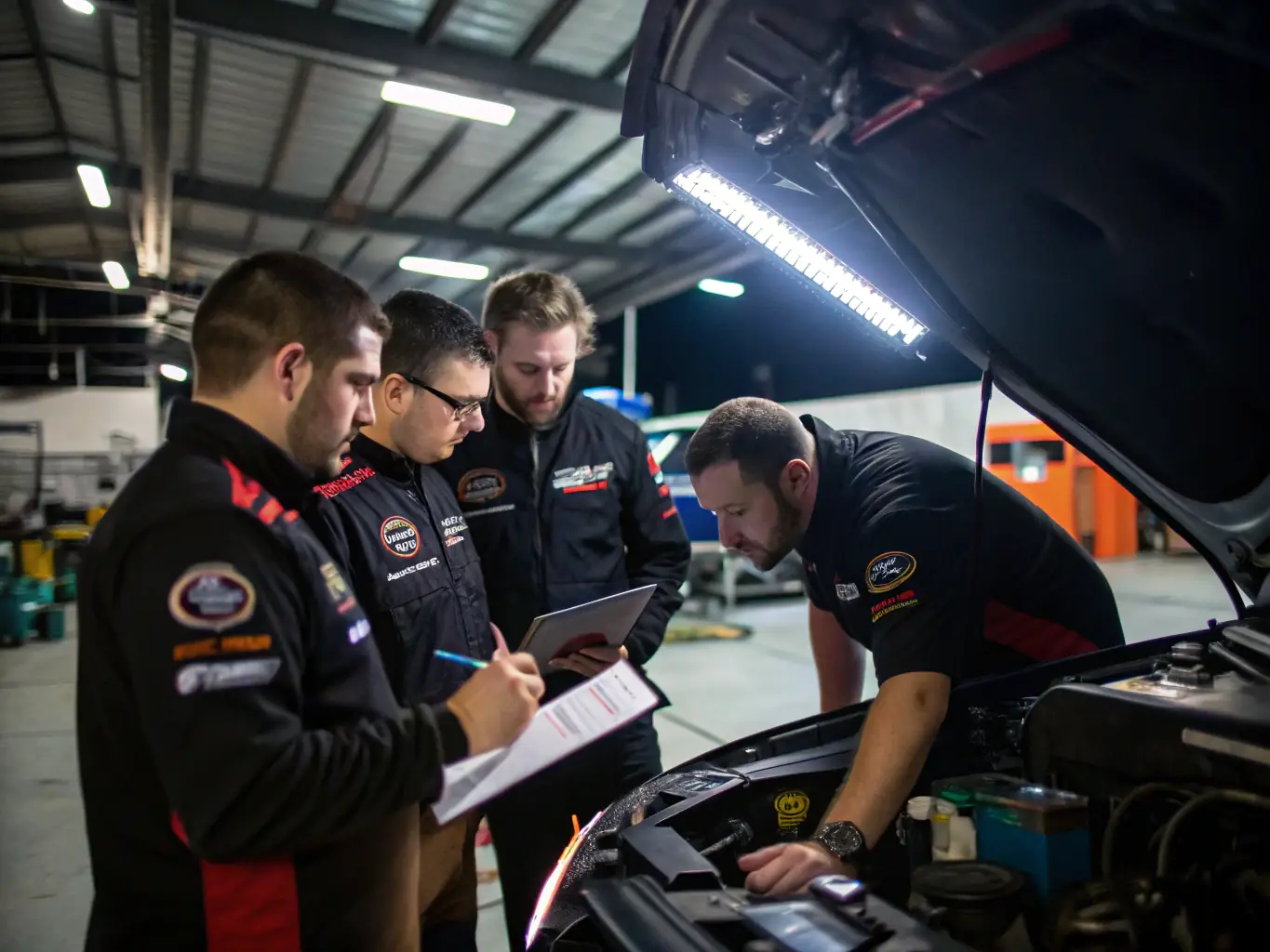A photo of AVEYRON RACING TEAM members participating in a technical workshop, learning about motorcycle maintenance and performance optimization. The image highlights the importance of technical knowledge in racing.