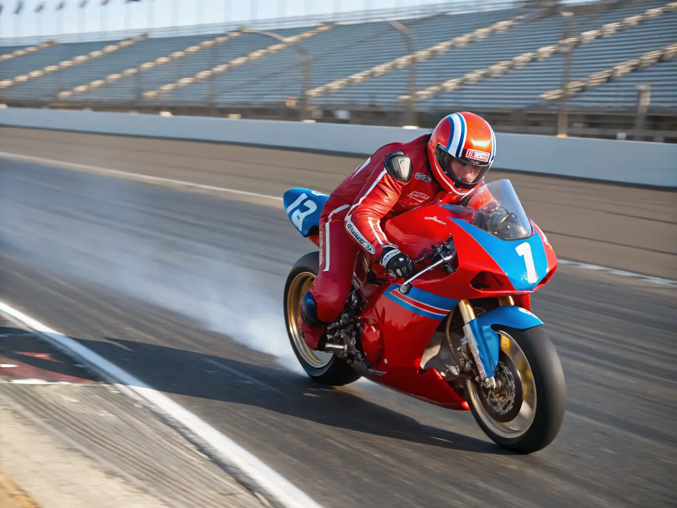 A dynamic shot of a motorcycle racer leaning into a turn on a professional circuit, showcasing the intensity and skill involved in circuit racing. The rider is wearing full safety gear, emphasizing the importance of safety in our programs.