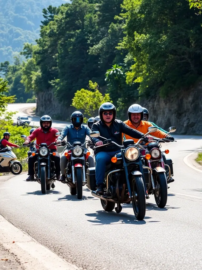 An action shot of a group of AVEYRON RACING TEAM members participating in a track day event, with various motorcycles and riders visible, emphasizing the community aspect and track participation opportunities.