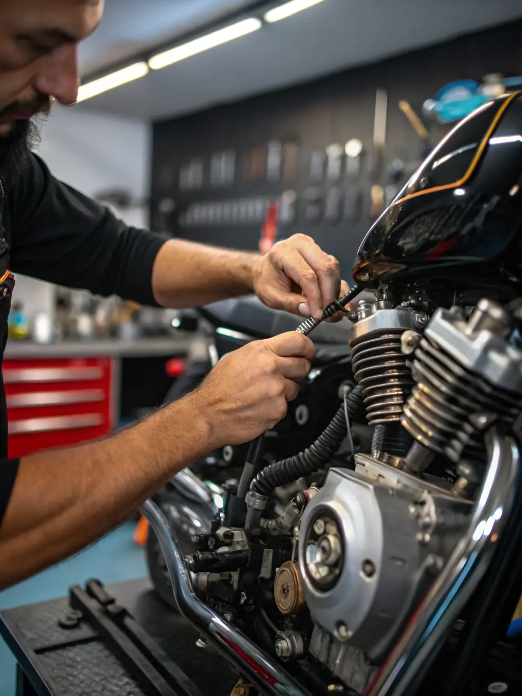 A close-up shot of a motorcycle engine being tuned, with a mechanic working on it, symbolizing the technical support and expertise offered by AVEYRON RACING TEAM.